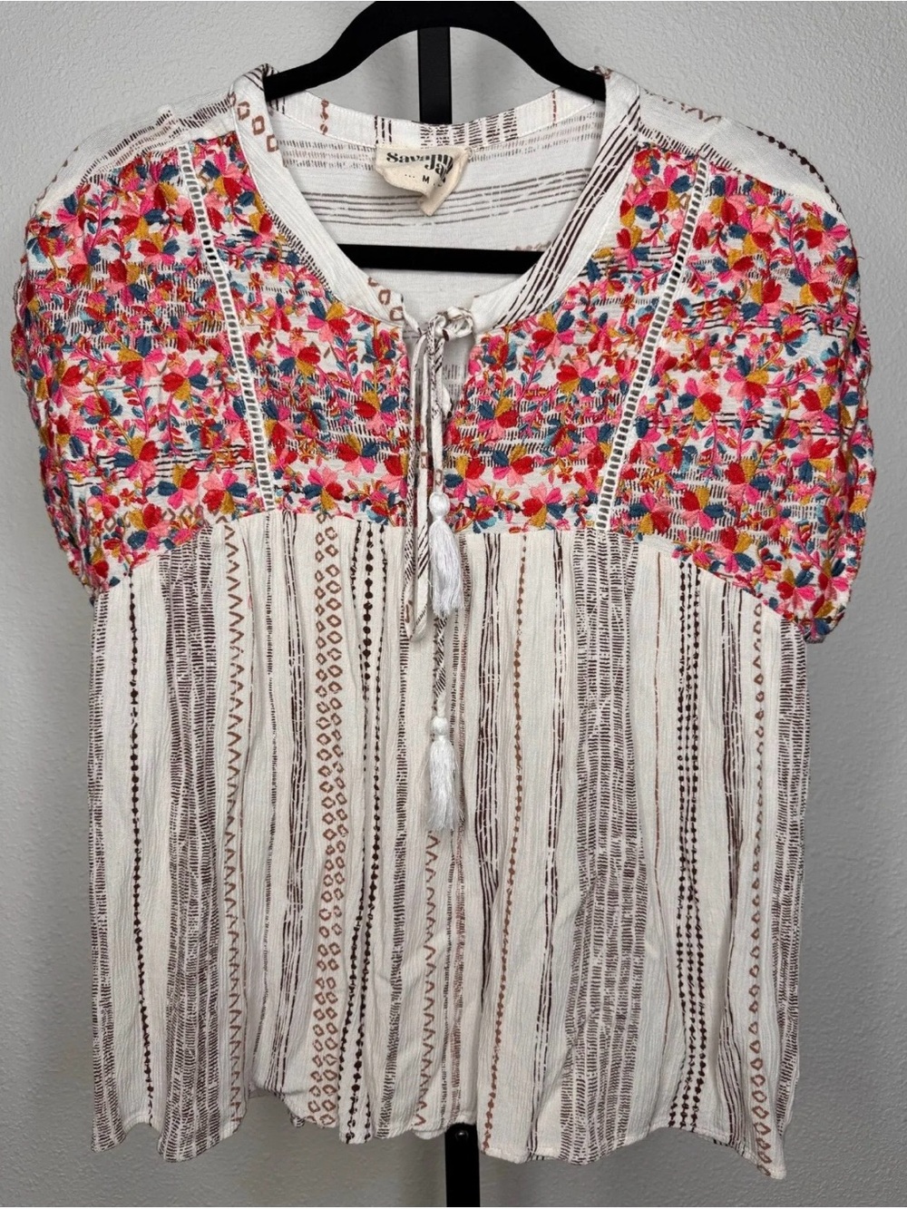 Savanna Jane Floral Embroidered Boho Cottagecore Striped Tassel Tie Top